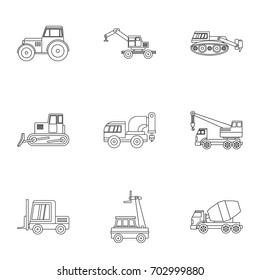 Building vehicle icon set. Outline set of 9 building vehicle vector icons for web isolated on white background