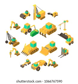 Building vehicles icons set. Isometric cartoon illustration of 16 building vehicles vector icons for web