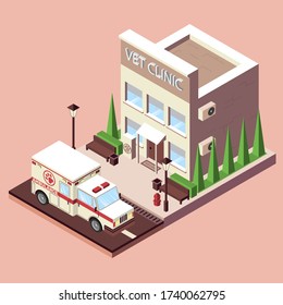 The building of a veterinary clinic and an ambulance for animals. Vector illustration.