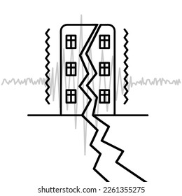 The building vibrates. Sketch. Seismograph data record the tremors of an earthquake. There was a crack in the wall of the house. The apartment building is split in half. Vector illustration. 