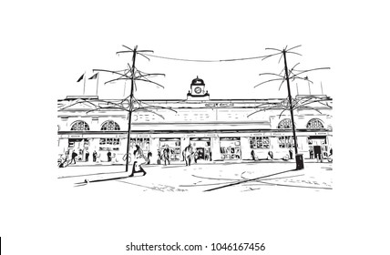 Building view of Cardiff Capital of Wales. Hand drawn sketch illustration in vector.