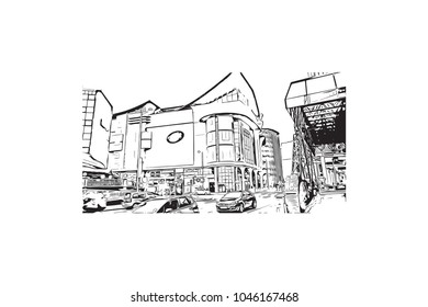 Building view of Cardiff Capital of Wales. Hand drawn sketch illustration in vector.