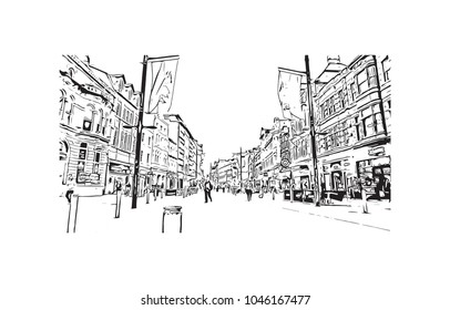 Building view of Cardiff Capital of Wales. Hand drawn sketch illustration in vector.