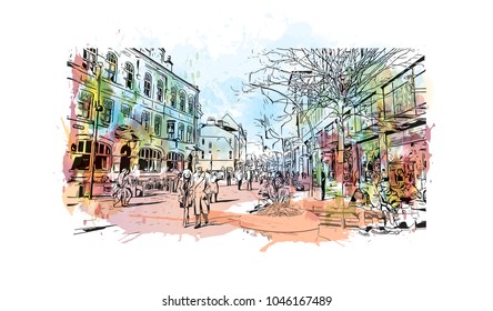 Building view of Cardiff Capital of Wales. Watercolor splash with Hand drawn sketch illustration in vector.