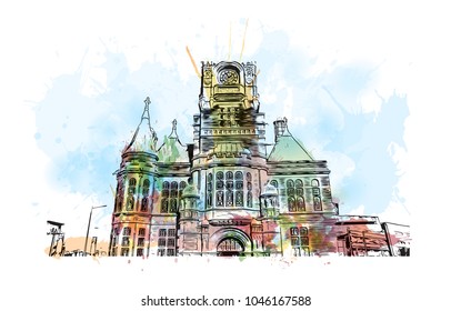 Building view of Cardiff Capital of Wales. Watercolor splash with Hand drawn sketch illustration in vector.