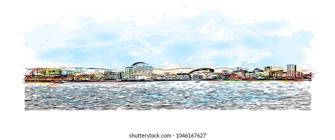 Building view of Cardiff Capital of Wales. Watercolor splash with Hand drawn sketch illustration in vector.