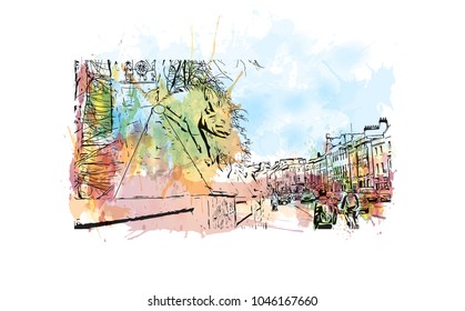 Building view of Cardiff Capital of Wales. Watercolor splash with Hand drawn sketch illustration in vector.