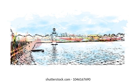 Building view of Cardiff Capital of Wales. Watercolor splash with Hand drawn sketch illustration in vector.