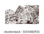 Building view in Denver, City in Colorado. Hand drawn sketch illustration in vector.