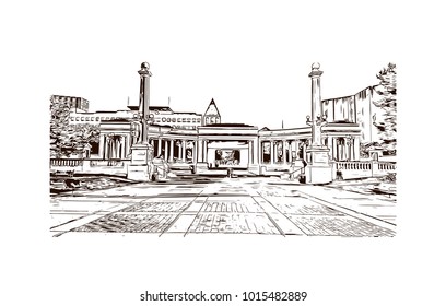 Building view in Denver, City in Colorado. Hand drawn sketch illustration in vector.