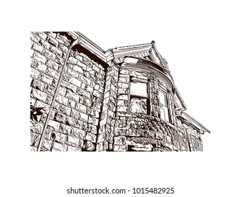 Building view in Denver, City in Colorado. Hand drawn sketch illustration in vector.