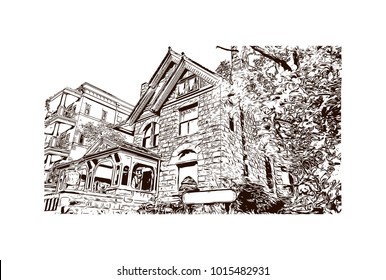 Building view in Denver, City in Colorado. Hand drawn sketch illustration in vector.