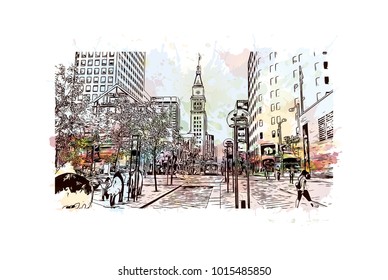 Building view in Denver, City in Colorado. Watercolor splash with Hand drawn sketch illustration in vector.