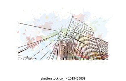 Building view in Denver, City in Colorado. Watercolor splash with Hand drawn sketch illustration in vector.