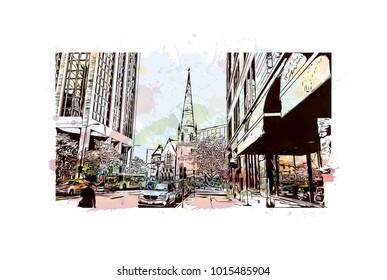 Building view in Denver, City in Colorado. Watercolor splash with Hand drawn sketch illustration in vector.