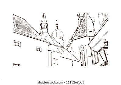 Building view of Graz in Austria. Hand drawn sketch illustration in vector.