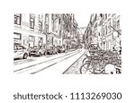 Building view of Graz city in Austria. Watercolor splash with hand drawn sketch illustration in vector.