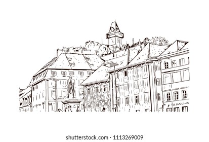 Building view of Graz city in Austria. Hand drawn sketch illustration in vector.
