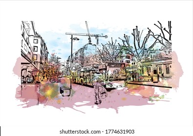 Building view with landmark of Aachen is a spa city near Germany’s borders with Belgium and the Netherlands. Watercolor splash with hand drawn sketch illustration in vector. svg