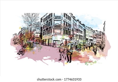 Building view with landmark of Aachen is a spa city near Germany’s borders with Belgium and the Netherlands. Watercolor splash with hand drawn sketch illustration in vector. svg