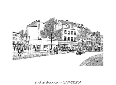 Building view with landmark of Aachen is a spa city near Germany’s borders with Belgium and the Netherlands. Hand drawn sketch illustration in vector. svg