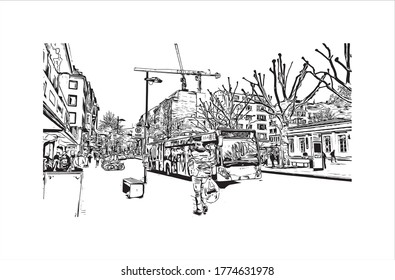 Building view with landmark of Aachen is a spa city near Germany’s borders with Belgium and the Netherlands. Hand drawn sketch illustration in vector. svg