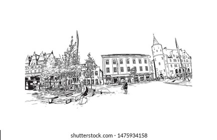 Building view with landmark of Aalborg is a city in the Jutland region of Denmark. Hand drawn sketch illustration in vector.