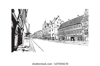 Building view with landmark of Aalborg is a city in the Jutland region of Denmark. Hand drawn sketch illustration in vector.