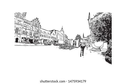 Building view with landmark of Aalborg is a city in the Jutland region of Denmark. Hand drawn sketch illustration in vector.