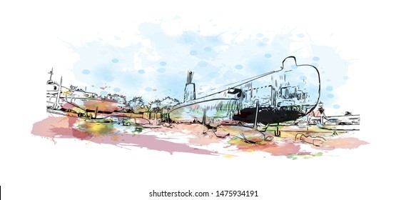 Building view with landmark of Aalborg is a city in the Jutland region of Denmark. Watercolor splash with Hand drawn sketch illustration in vector.