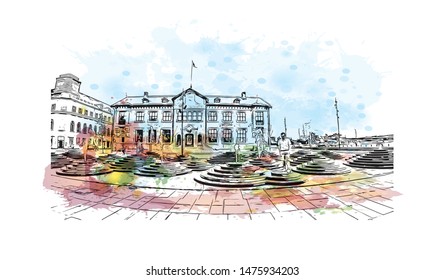 Building view with landmark of Aalborg is a city in the Jutland region of Denmark. Watercolor splash with Hand drawn sketch illustration in vector.