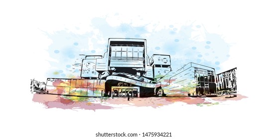 Building view with landmark of Aalborg is a city in the Jutland region of Denmark. Watercolor splash with Hand drawn sketch illustration in vector.