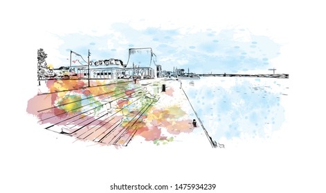 Building view with landmark of Aalborg is a city in the Jutland region of Denmark. Watercolor splash with Hand drawn sketch illustration in vector.