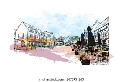 Building view with landmark of Aalborg is a city in the Jutland region of Denmark. Watercolor splash with Hand drawn sketch illustration in vector.