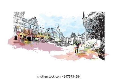 Building view with landmark of Aalborg is a city in the Jutland region of Denmark. Watercolor splash with Hand drawn sketch illustration in vector.
