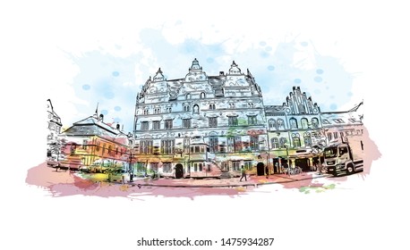 Building view with landmark of Aalborg is a city in the Jutland region of Denmark. Watercolor splash with Hand drawn sketch illustration in vector.