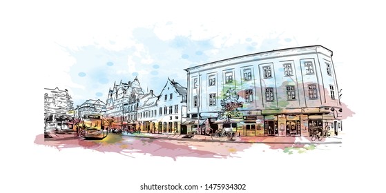 Building view with landmark of Aalborg is a city in the Jutland region of Denmark. Watercolor splash with Hand drawn sketch illustration in vector.