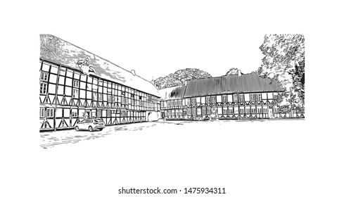 Building view with landmark of Aalborg is a city in the Jutland region of Denmark. Hand drawn sketch illustration in vector.