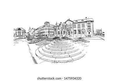 Building view with landmark of Aalborg is a city in the Jutland region of Denmark. Hand drawn sketch illustration in vector.