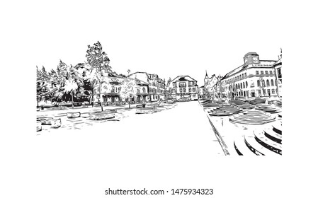 Building view with landmark of Aalborg is a city in the Jutland region of Denmark. Hand drawn sketch illustration in vector.