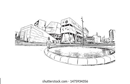Building view with landmark of Aalborg is a city in the Jutland region of Denmark. Hand drawn sketch illustration in vector.