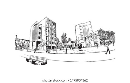 Building view with landmark of Aalborg is a city in the Jutland region of Denmark. Hand drawn sketch illustration in vector.
