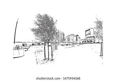 Building view with landmark of Aalborg is a city in the Jutland region of Denmark. Hand drawn sketch illustration in vector.
