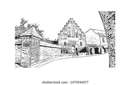 Building view with landmark of Aalborg is a city in the Jutland region of Denmark. Hand drawn sketch illustration in vector.