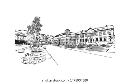 Building view with landmark of Aalborg is a city in the Jutland region of Denmark. Hand drawn sketch illustration in vector.