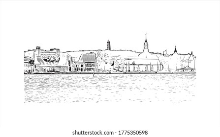 Building view with landmark of Aalborg is a city in the Jutland region of Denmark.  Hand drawn sketch illustration in vector.