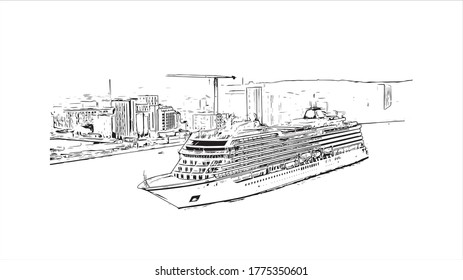 Building view with landmark of Aalborg is a city in the Jutland region of Denmark.  Hand drawn sketch illustration in vector.