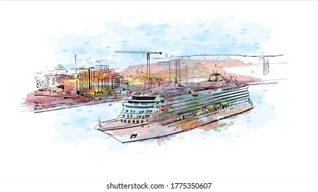 Building view with landmark of Aalborg is a city in the Jutland region of Denmark.  Watercolor splash with hand drawn sketch illustration in vector.
