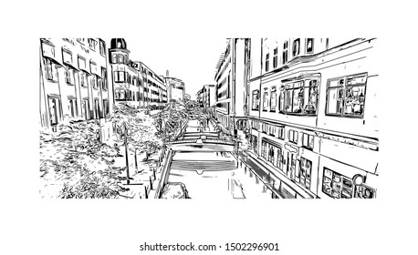 Building view with landmark of Aarhus is a city in Denmark on the Jutland peninsula’s east coast. Hand drawn sketch illustration in vector.