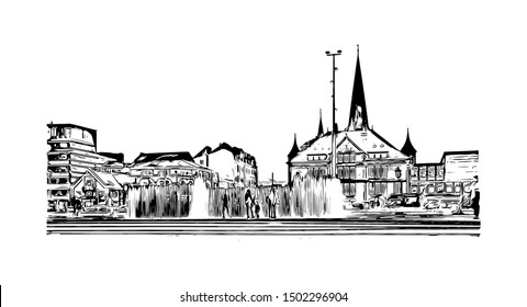 Building view with landmark of Aarhus is a city in Denmark on the Jutland peninsula’s east coast. Hand drawn sketch illustration in vector.